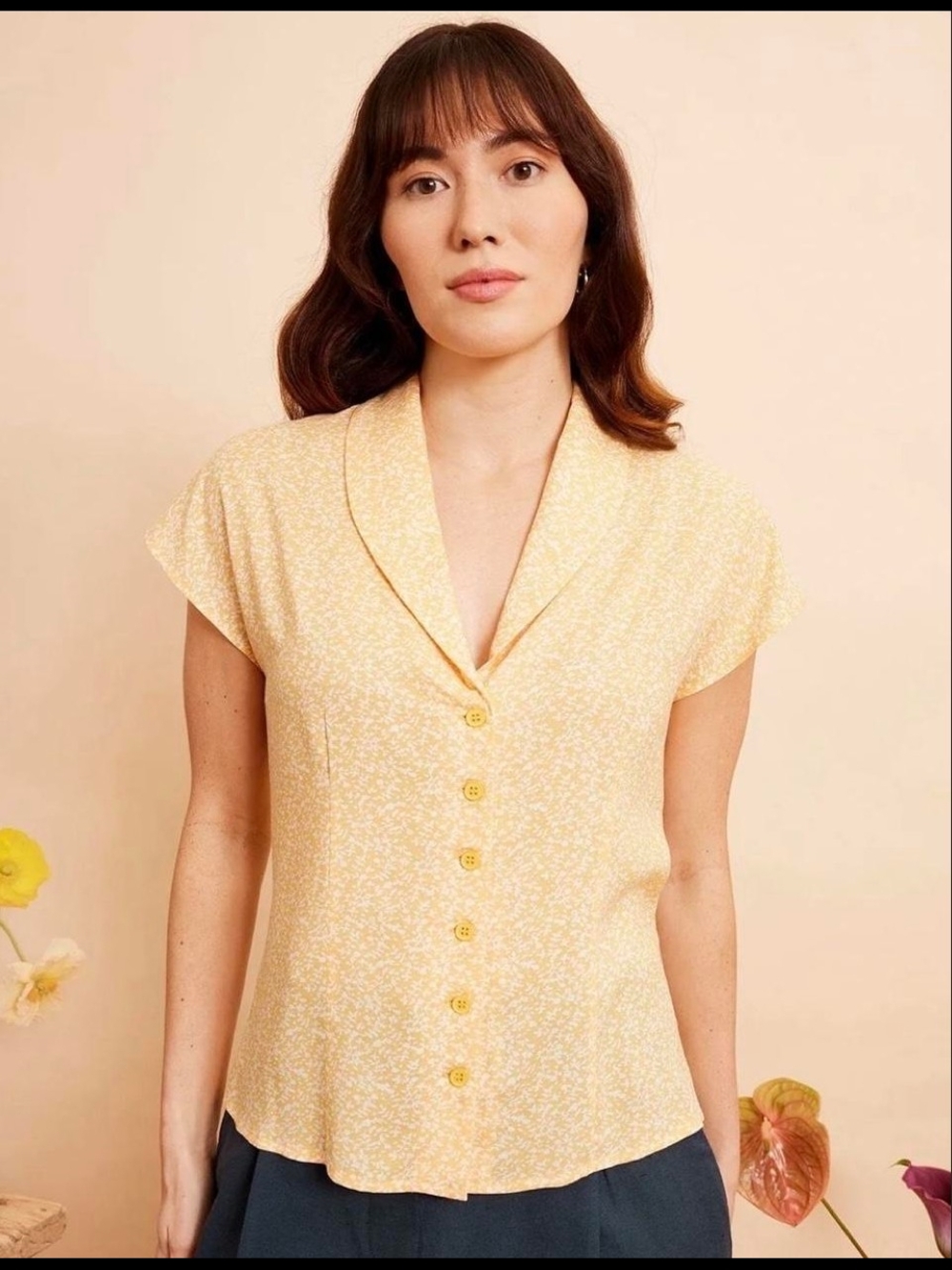 Yellow Floral Collared Button-Front Blouse